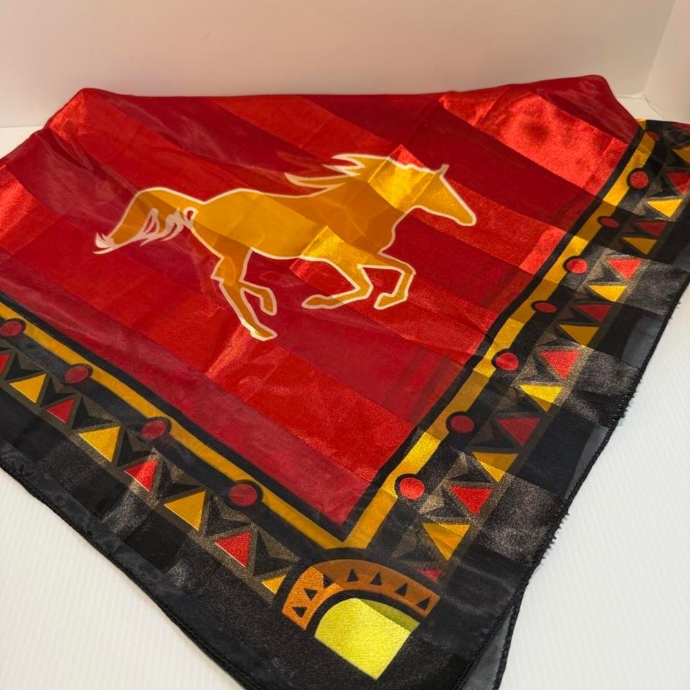 Red Western Horse Print Square Scarf Southwestern Geometric Border 36x36